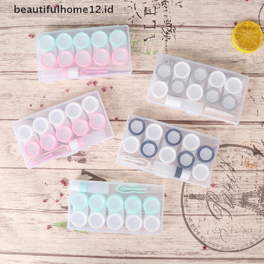 5 Pasang Kotak Penyimpanan Lensa Kontak Kosmetik Dengan Botol Dan Pinset