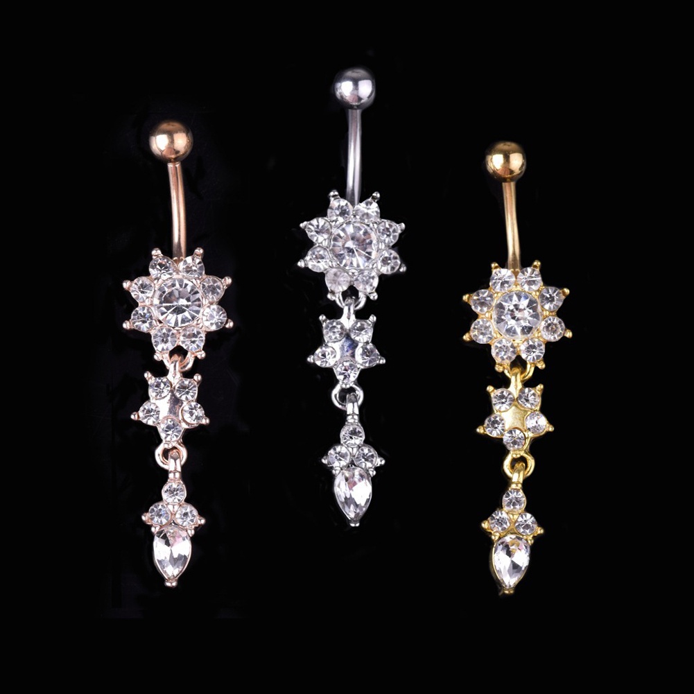 [Jianxin] Lady Rhinestone Flower Stainless Steel Belly Button Navel Ring Piercing Jewelry