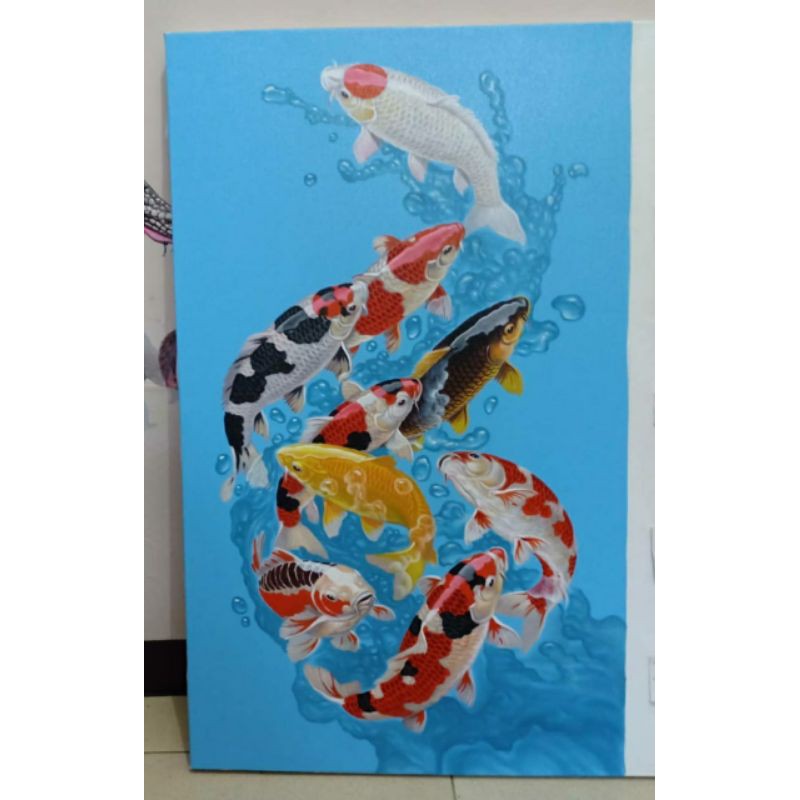 lukisan cetak ikan koi japan plus Bingkai ukuran 65×45