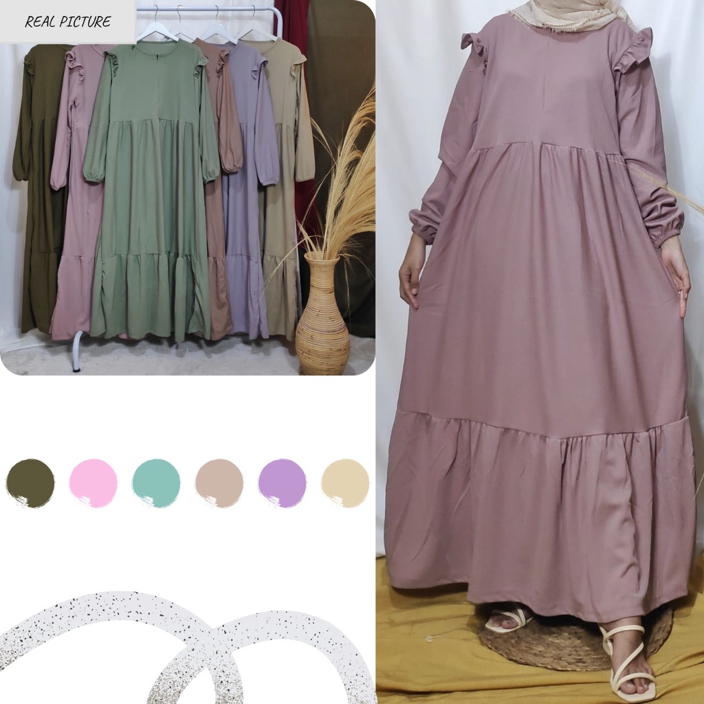 Dailythings Gamis Delia BUSUI Rempel Ukuran Fit L sampai XXL Lingkar Dada 110 cm Panjang 130 cm