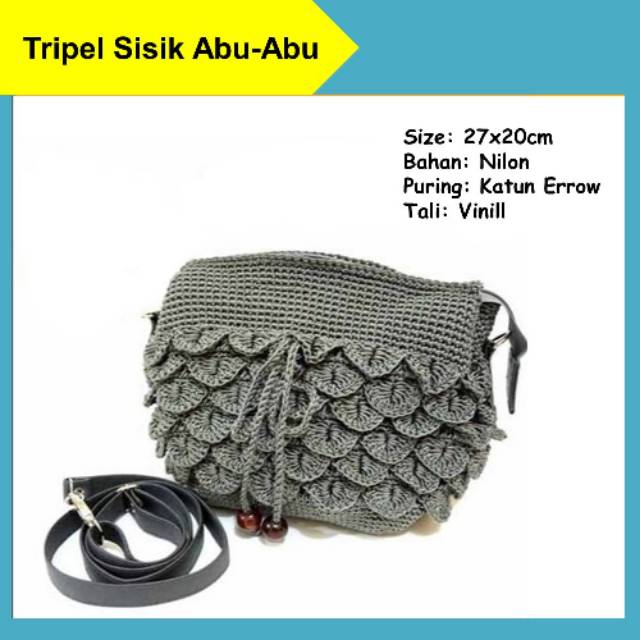 Tas Rajut Wanita Tripel Sisik Serut Selempang Shoulderbag Full Nilon Tali Vinil Abu-Abu