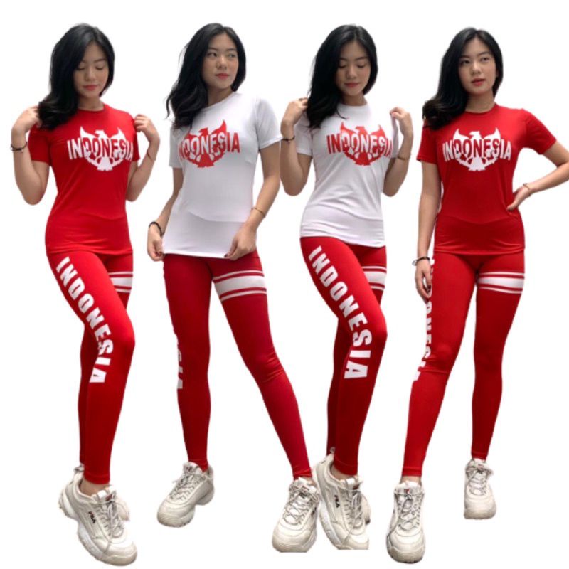 setelan merah putih indonesia agustusan/setelan zumba yoga gym edisi merah putih/baju senam model at