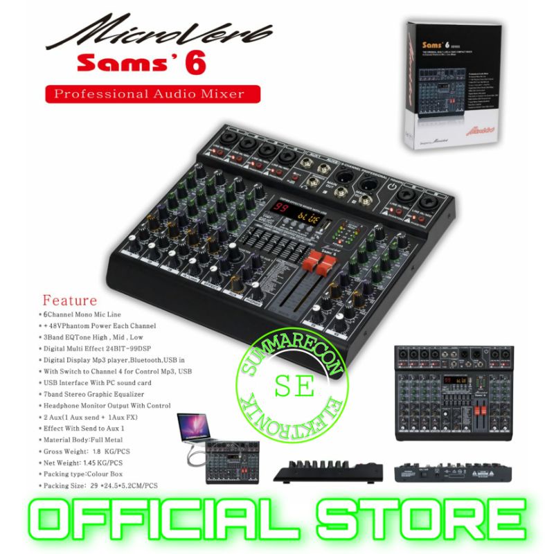 mixer audio 6 channel microverb sam 6 mixer karaoke usb bluetooth recording