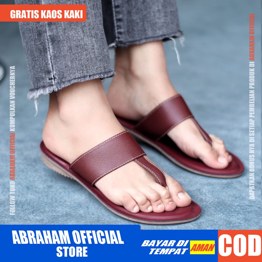 ABRHM x GESI Sandal Kulit Wanita Asli Garut Sendal Slop Papirut Sendal jepit Wanita Gaya Keren Kekinian original Murah Terlaris