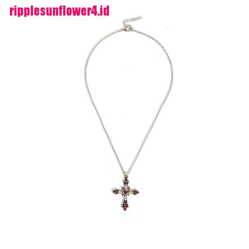 Kalung Rantai Dengan Liontin Salib Aksen Batu Zircon Pink Gothic Untuk Wanita