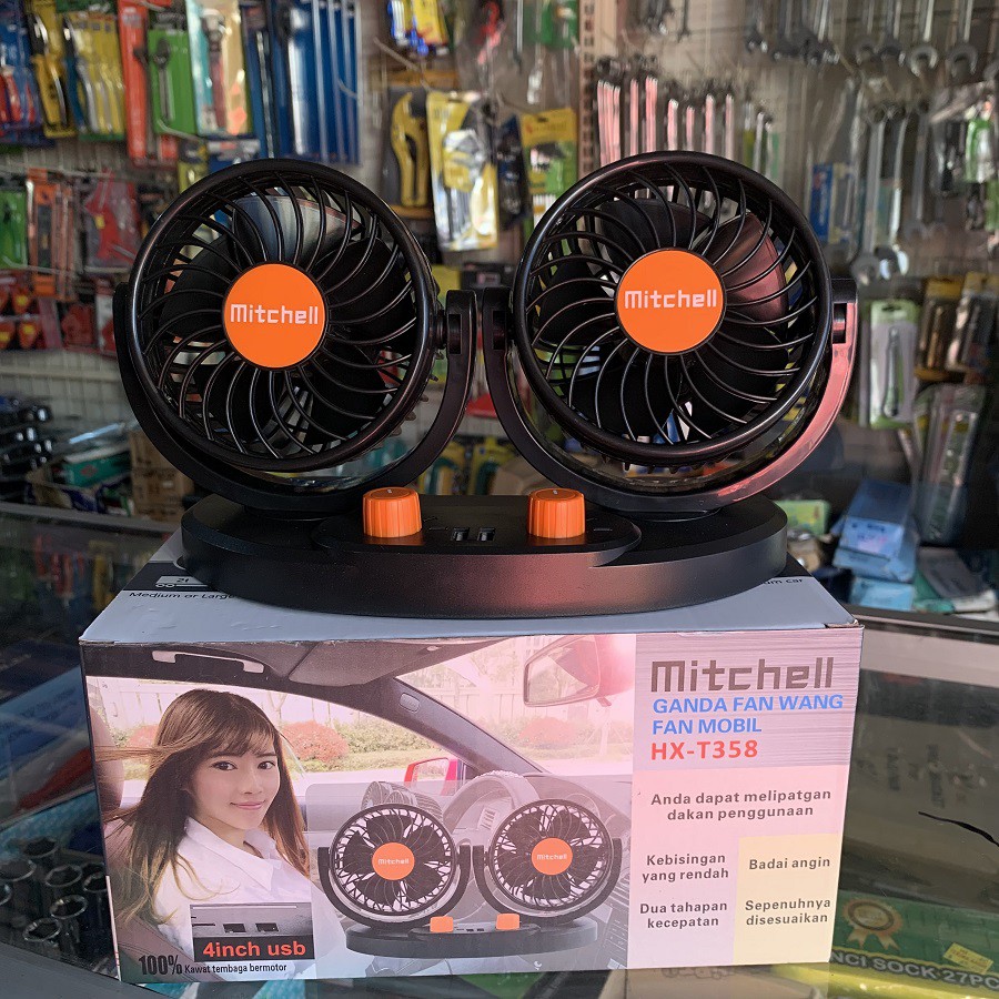 Kipas Angin Mobil Truk 24V 24 Volt Mitchell Dual Fan 2 USB 2A Swing Kipas Mobil Double Fan