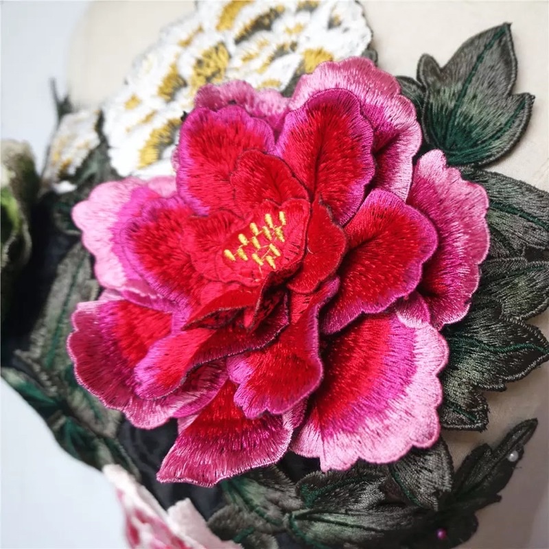 Peony FLowers Leaves 3D Embroidery