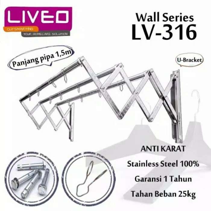 Liveo Jemuran Dinding / Wall Hanger 3 bar U Shape LV 316 LV316