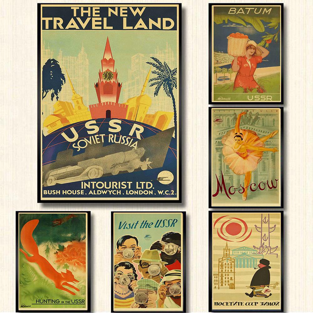 Poster Stiker Dinding Bahan Kertas Kraft Motif Print Travel Soviet Gaya Retro Vintage Untuk Rumah