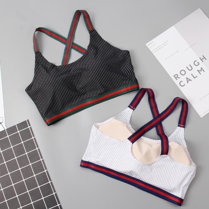 Bra Sport Bra Sexy BRA MOTIF GARIS TALI MERAH Bra Tali Silang Bra Sporty Gym Bra Aerobik