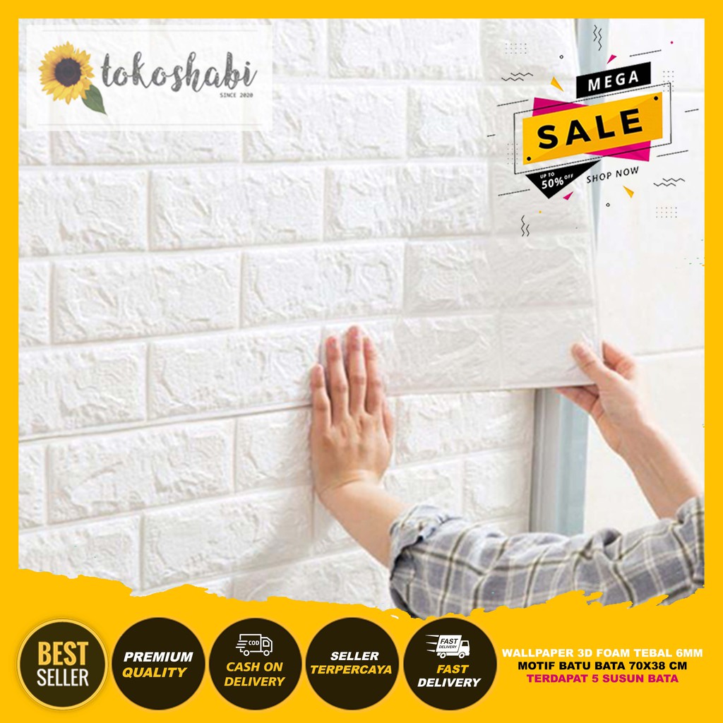 Walpaper Sticker 3D Foam Motif Bata Putih Ketebalan 6mm-1