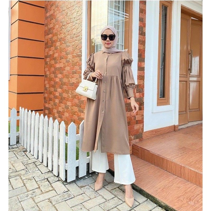 TUNIK MEGAN /* BAJU TUNIK WANITA / TUNIK DELCIA BALOON DAILY FULL KANCING DRESS MOSCREPE PREMIUM