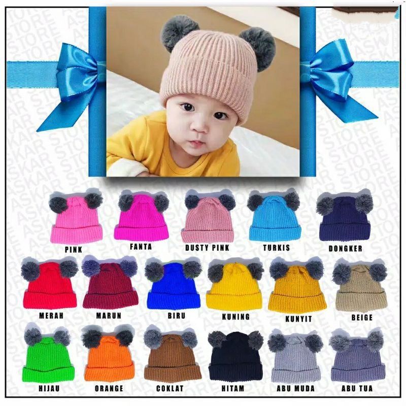 Topi Kupluk Bayi Anak Polos Model Pompom Cowok Cewek