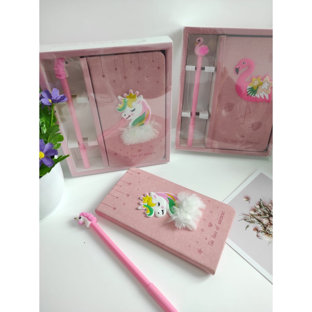 SET PAKET PULPEN DAN BUKU UNICORN FLAMINGO ALAT TULIS NOTEBOOK BOLPEN