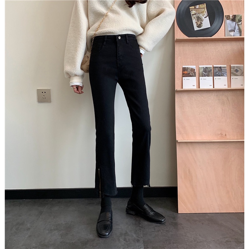 Fashion Korea style jeans hitam wanita high wasit celana panjang