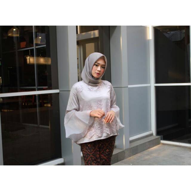 Blouse Hijab Tulle Bordir Wanita Grey M L XL XXL