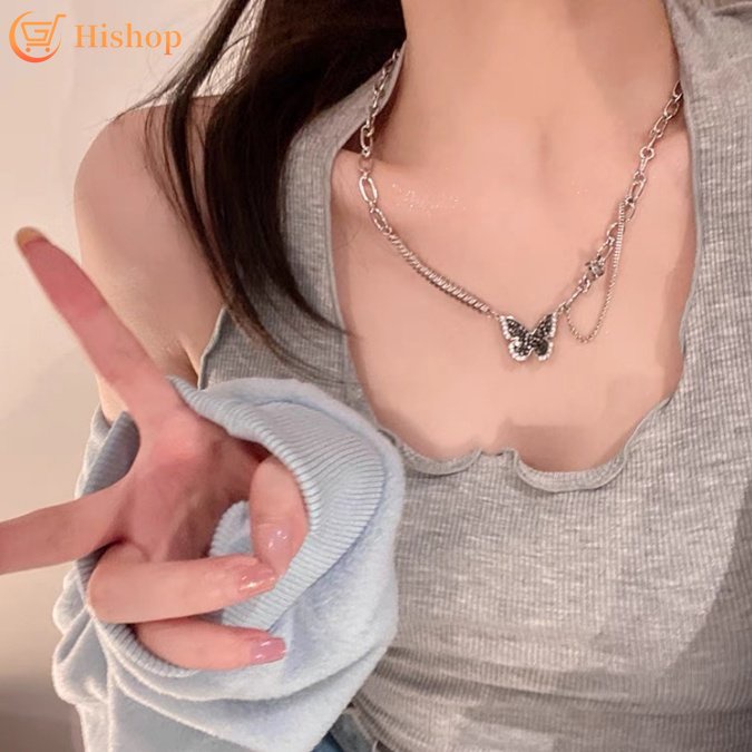 Y2k Kalung Rantai Silver Dengan Liontin Kupu-Kupu Kristal Untuk Wanita