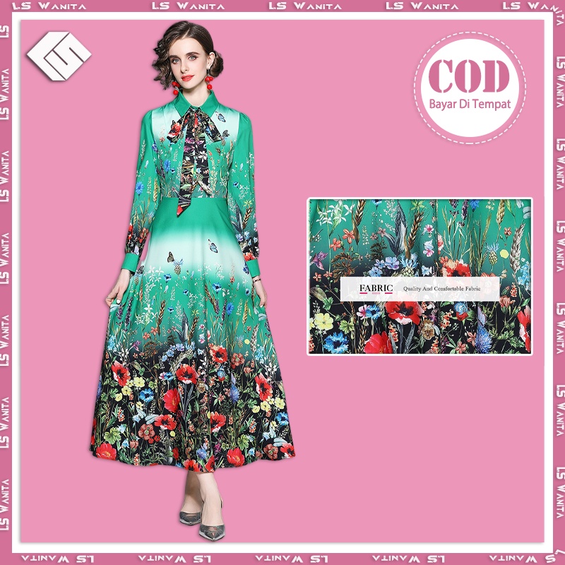 LS Hijau Floral Dress Dress Boho Style Gamis Terbaru Wanita
