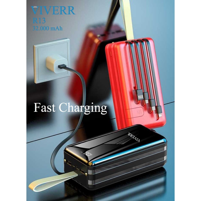 Powerbank VIVERR R13 kapasitas 32.000 mAh With 4 Kabel charging Garansi 1 Tahun.