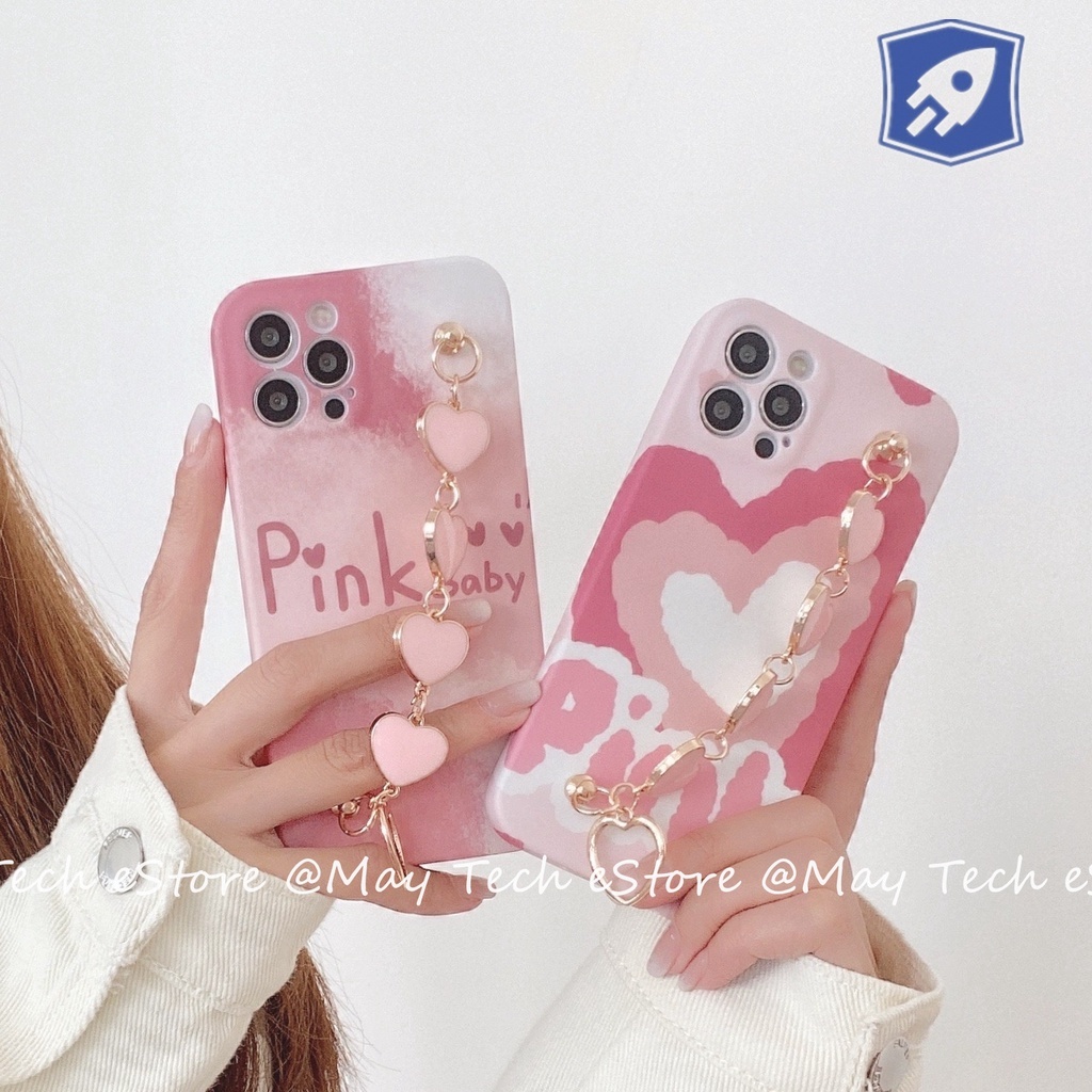 Casing iPhone Love Pink dengan Hand Grip Rantai Pergelangan Tangan Love Gold iPhone X XS XR XSMAX 11 12 13 PRO PROMAX