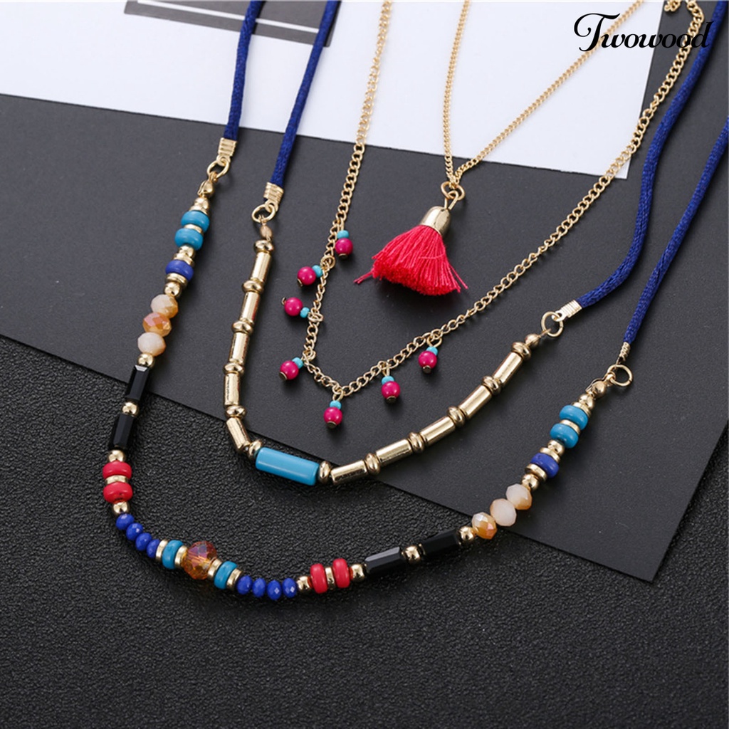 Kalung Multilayer Dengan Liontin Manik-Manik Rumbai Warna-Warni Untuk Wanita