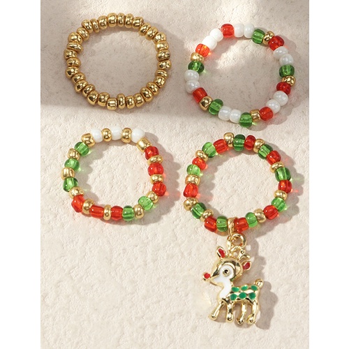 LRC Cincin Fashion Christmas Red And Green Rice Bead Beaded Ring Set Q49549