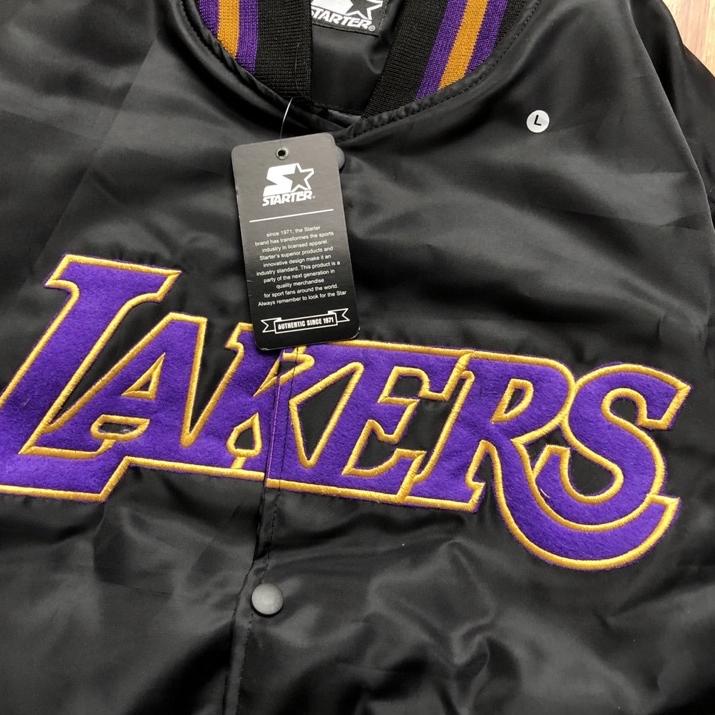 Harga TERMURAAH.. JAKET BOMBER VARSITY - LAKERS TEXT UNGU BORDIR HITAM TAG + LABEL JACKET