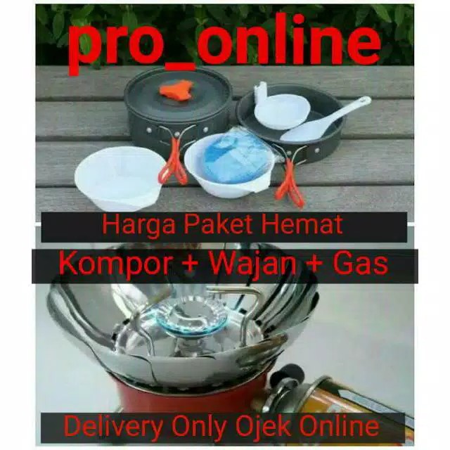 Paket Hemat Alat Masak Camping Komplit Cooking Set DS200 Plus Kompor K203 dan Gas portabel