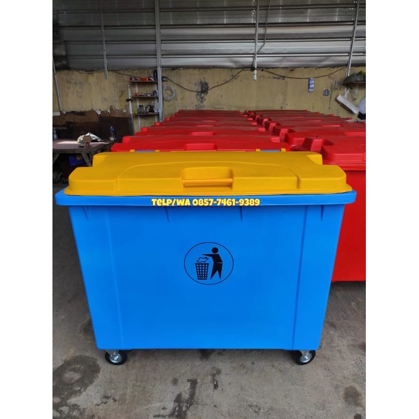 TEMPAT SAMPAH BESAR/TONG SAMPAH BESAR/BAK SAMPAH BESAR VOLUME 660 LITER KOMBINASI WARNA BIRU TUTUP K