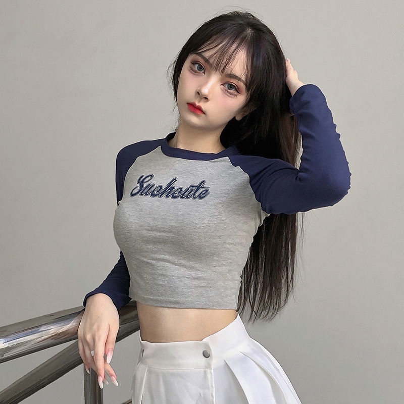 impor Eropa dan Amerika raglan jahitan leher bulat lengan panjang atasan crop top wanita