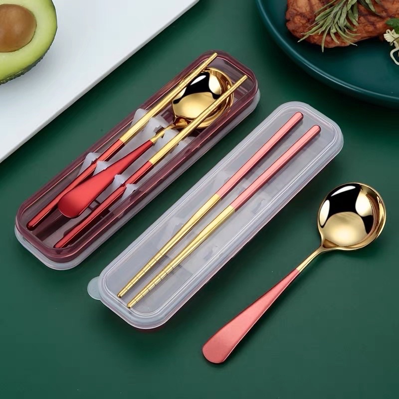 ALAT MAKAN SET KOREA KEKINIAN KODE RACHEL 2in1 CUTLERY SET / ALAT MAKAN SET / SENDOK SUMPIT BOX / SENDOK SET / CUTLERY TRAVEL SET / SET ALAT MAKAN