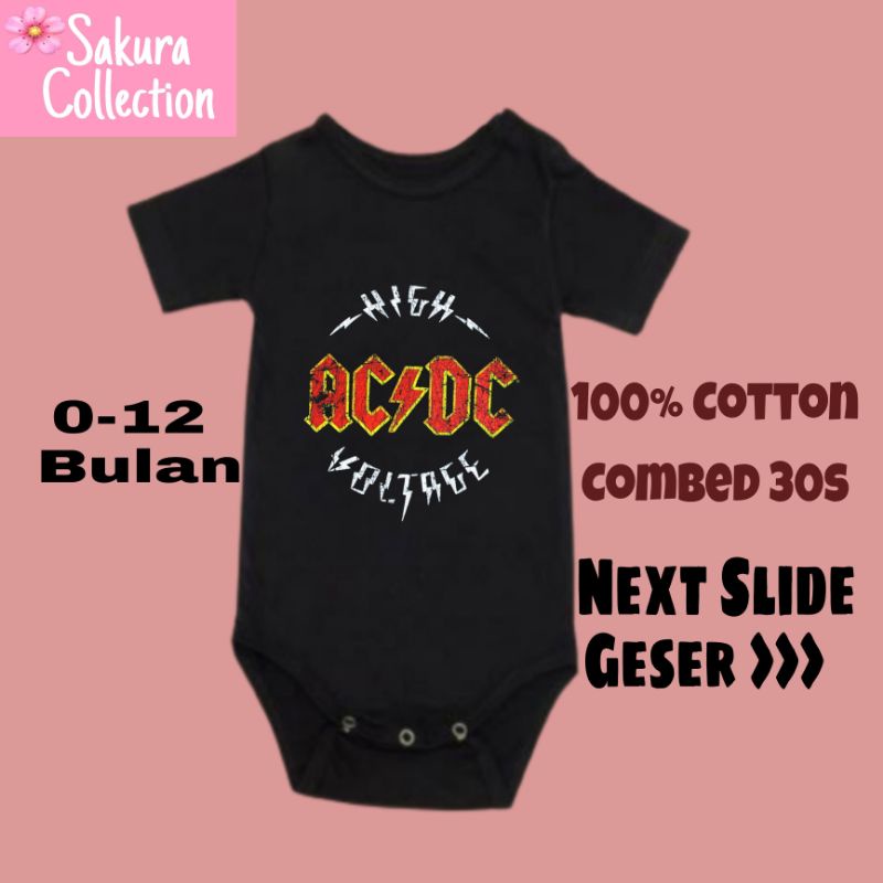 Kaos baju bayi jumper baby kids pendek band ACDC rock punk metal logo tulisan usia 0 1 2 3 4 5 6 7 8 9 10 11 12 bulan sampai umur 1 tahun adem jumpsuit babysuit romper bodysuit little anak kecil hitam style laki laki perempuan unisex nyaman lembut