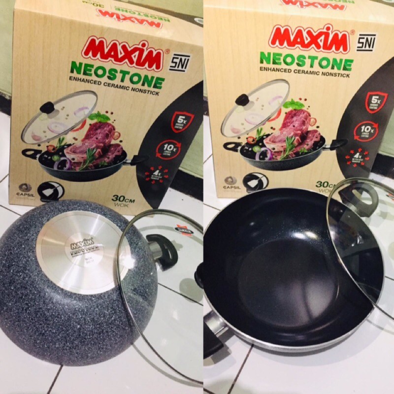teflon wok/wajan neoston maxim uk 30cm plus tutup kaca
