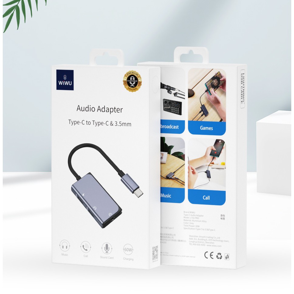 WIWU LT02 PRO - USB-C to 3.5mm Audio and USB-C Support 60W Charging - Type-C ke Audio &amp; Type-C