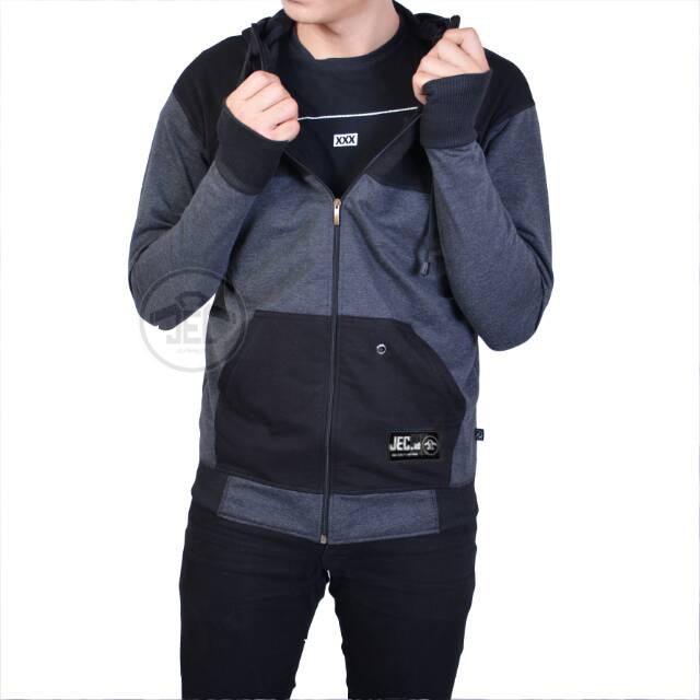 JEC Jaket Hoodie Zipper  ROUNDHAND Combi Hitam DarkGrey Full Premium Distro