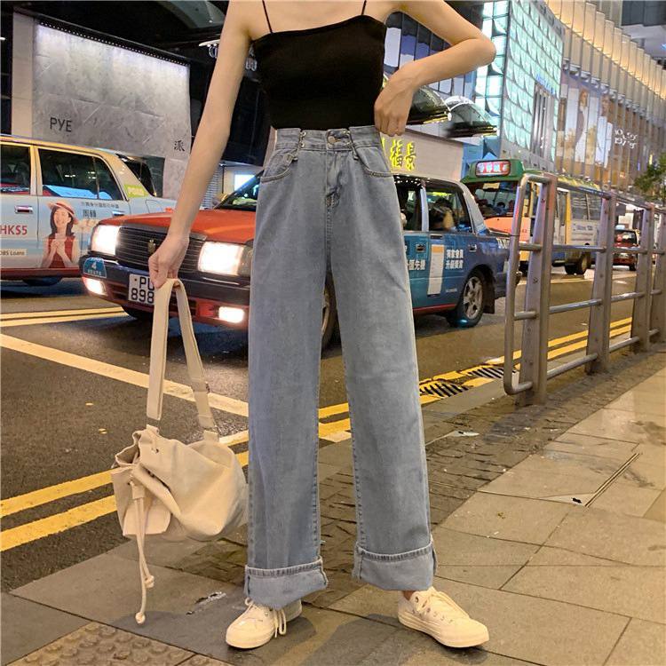 BEARYJEANS Celana Jeans Kulot Wanita Hook Waist Jeans Adjustable Loose Leg Jeans High Waist Jeans - BJ006