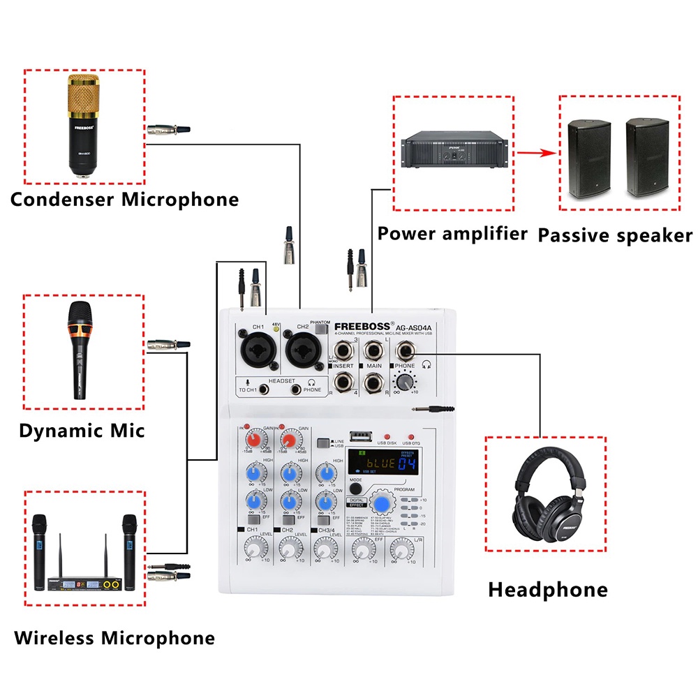 Mixer Record 4 Channel FREEBOSS Bluetooth 88 DSP Effect 4 Channel - AG-AS04A - White