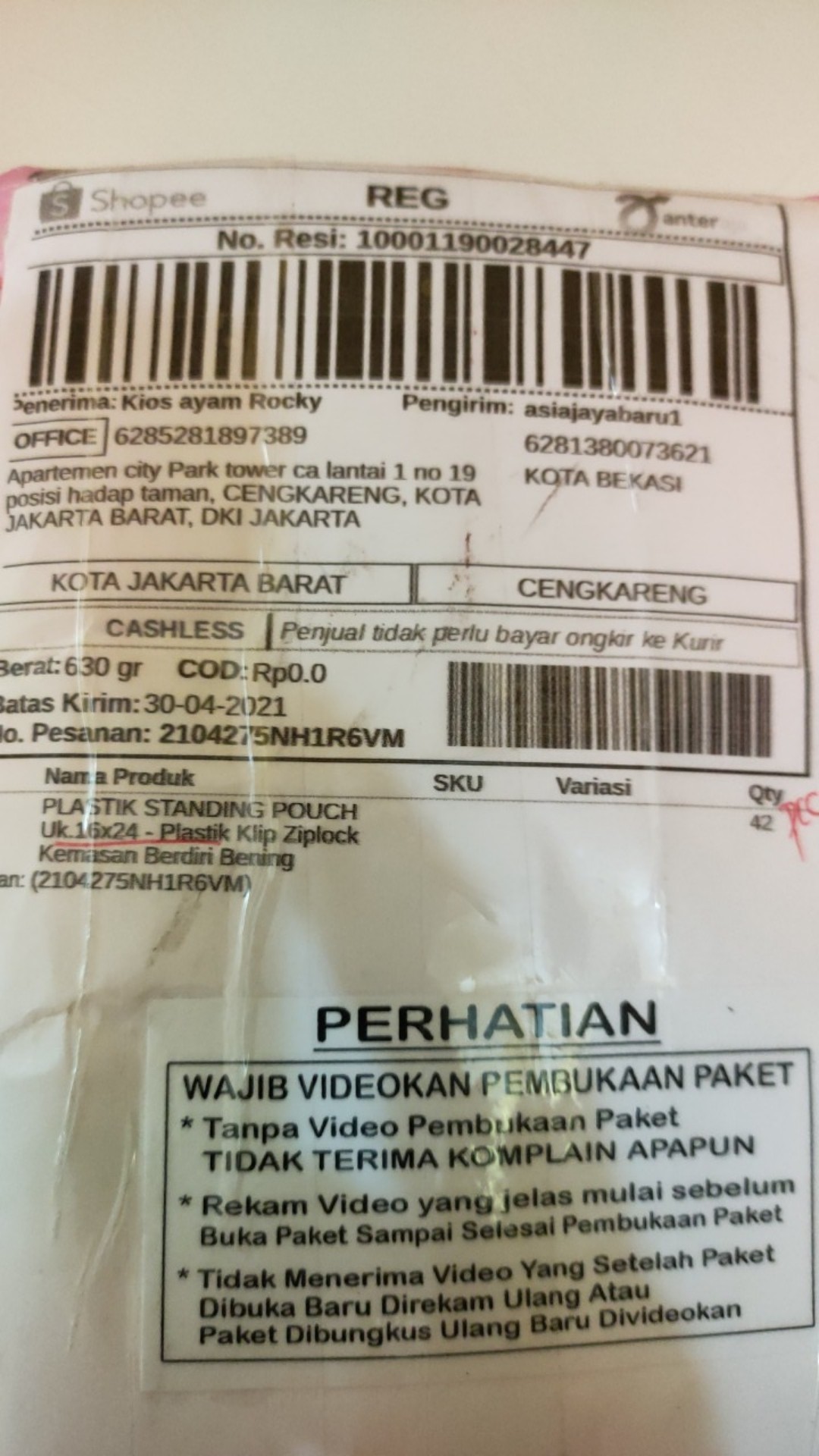 Plastik Standing Pouch Uk.16x24 - Plastik Klip Ziplock Kemasan Berdiri Bening