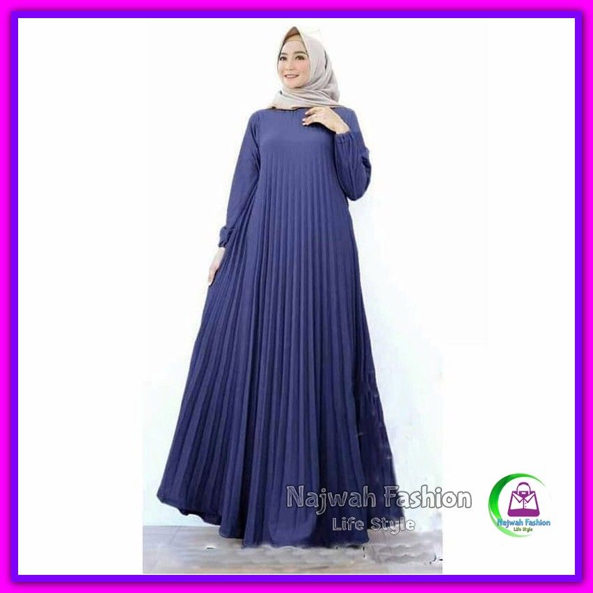 Jual Baju Long Dress Wanita Higet Super Plisket Premium Maxi Dress Gamis Syari Amanda Navy Murah