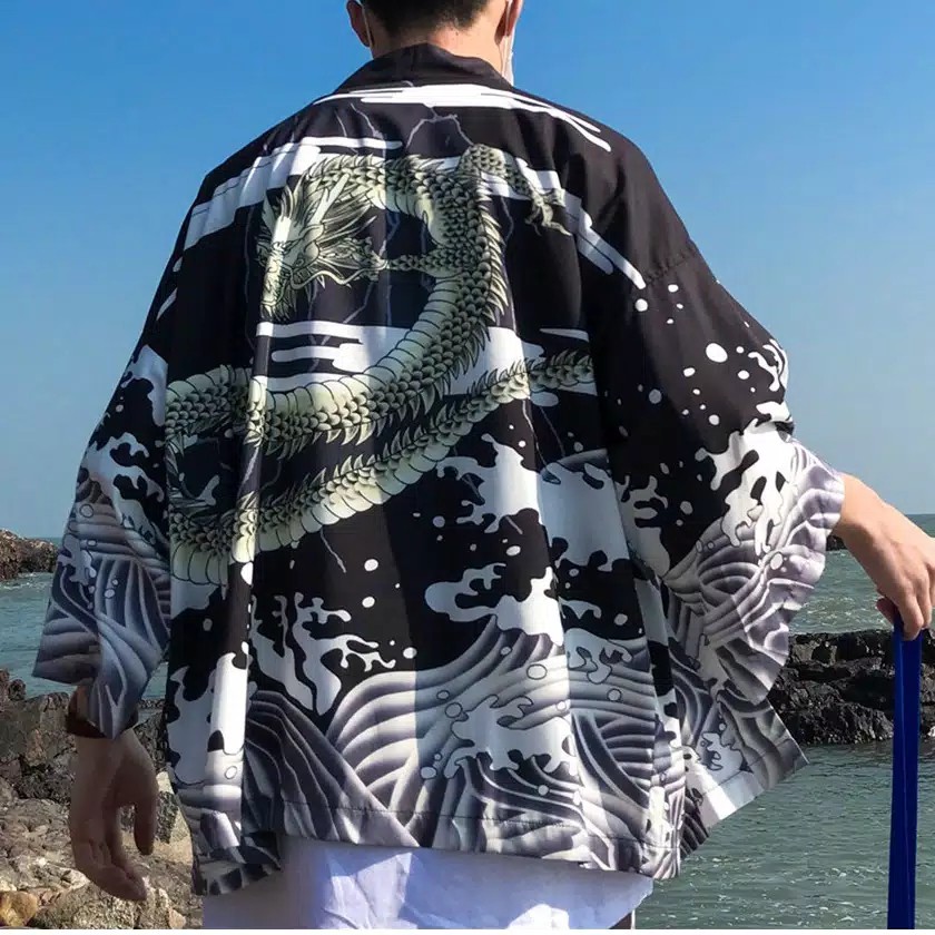 BAJU HAORI KIMONO JEPANG DRAGON BLACK AND WHITE / JAPANESE KIMONO / KIMONO CARDIGAN KIMONO HAORI OUT