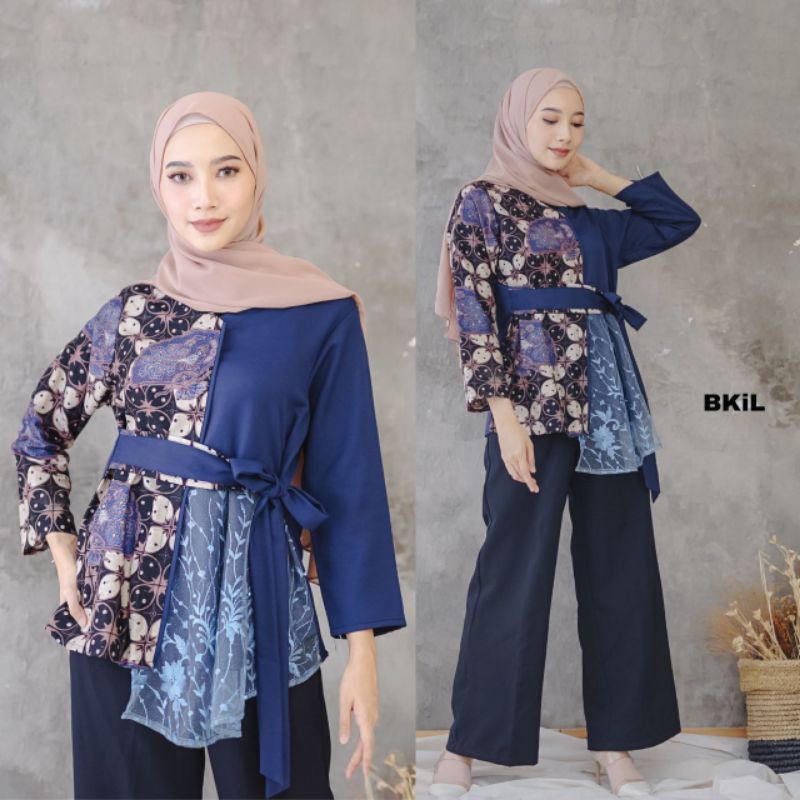 Batik wanita ASJ SA HRB026 Kenongo Kemeja Tosca Pendek-Tille biru