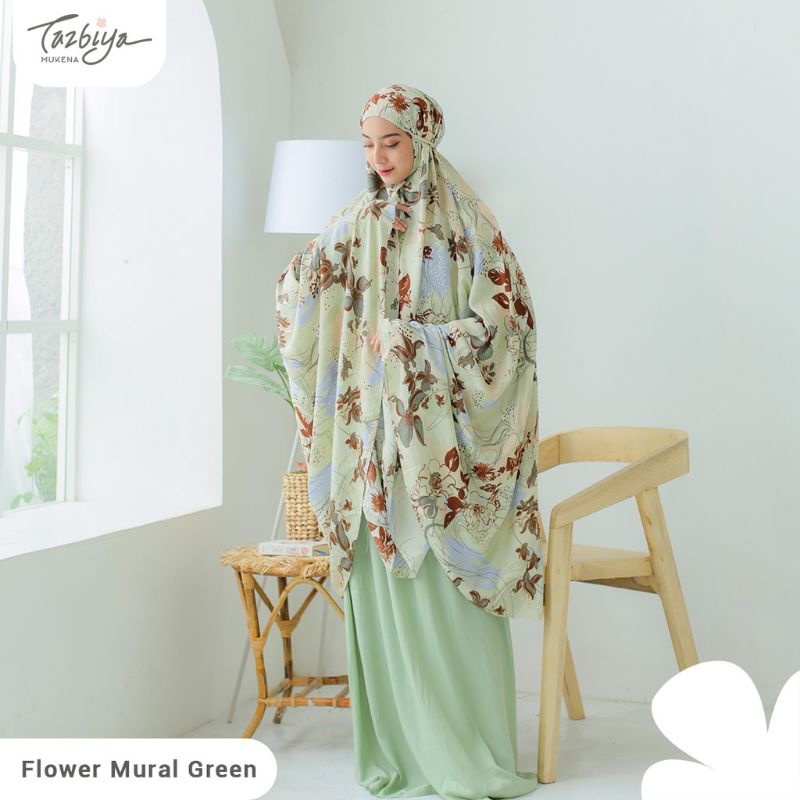 Mukena Tazbiya Flower Mural Series Green/Salem/Navi Jumbo Dewasa Katun Rayon Adem Motif Cantik Traveling