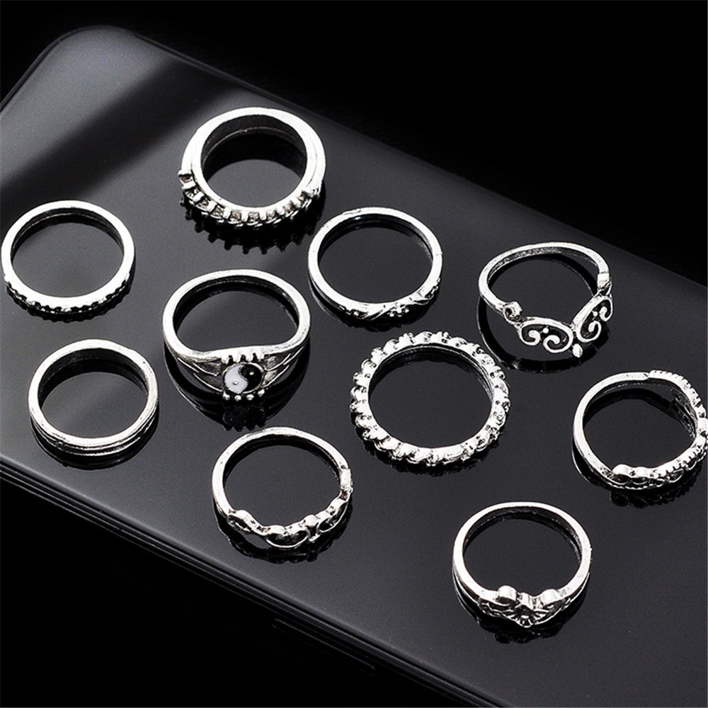 16 Pcs Kreatif Retro Yin Yang Gosip Sun Moon Daun Ular Bunga Bersama Cincin Perak Set