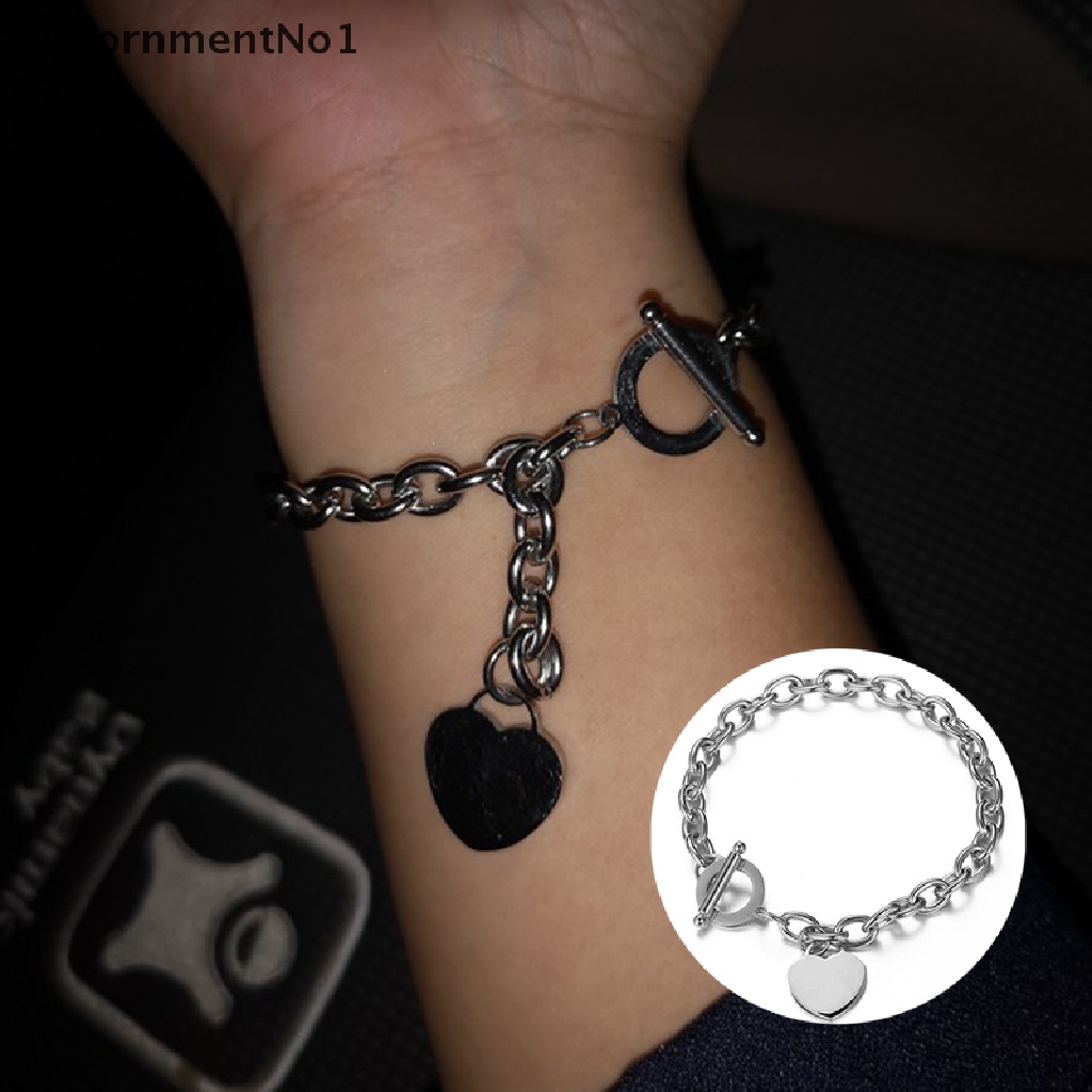 (AdornmentNo1) Gelang Tangan Rantai Fashion Aksen Hati Bahan Stainless Steel Untuk Perhiasan Wanita