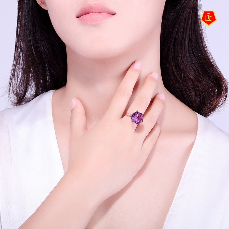 [Ready Stock]Korean Style High-End Six-Claw Amethyst Ring Elegant