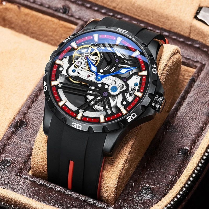 Jam Tangan Pria Mekanik Otomatis Ailang Excalibur Motor Cycle Open Heart Tourbillon Transparan