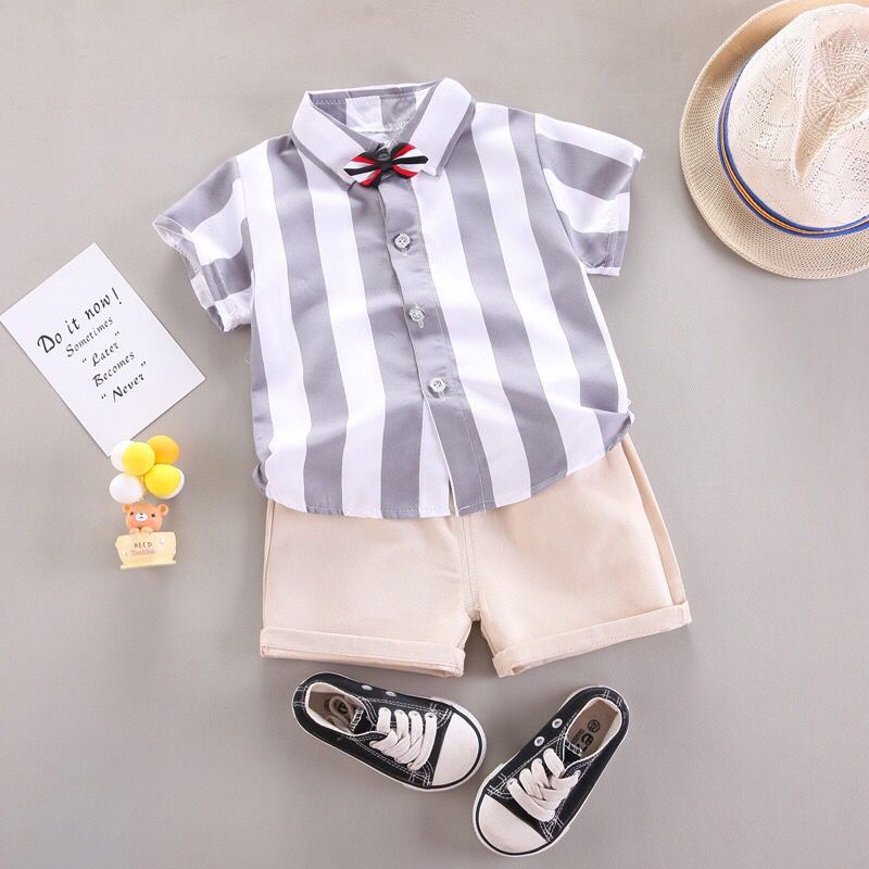 LID7001 - Baju + Celana Pendek Cotton Set 2in1 Setelan Bayi Lengan Pendek Garis