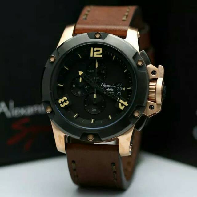 JAM TANGAN PRIA / COWOK ALEXANDRE CHRISTIE ROSE GOLD BLACK TALI KULIT BROWN  - HITAM COKLAT AC 6295