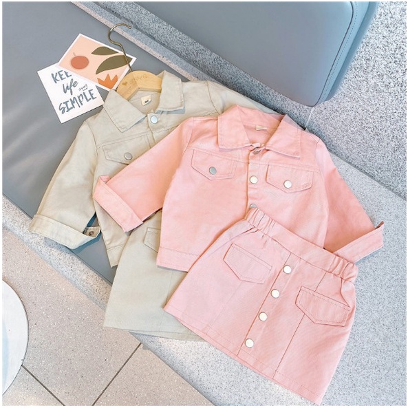 SETELAN LENGAN PANJANG + ROK ANAK CEWEK MODEL KEMEJA CREAM PINK  100-140 KANCING BULAT BULAT