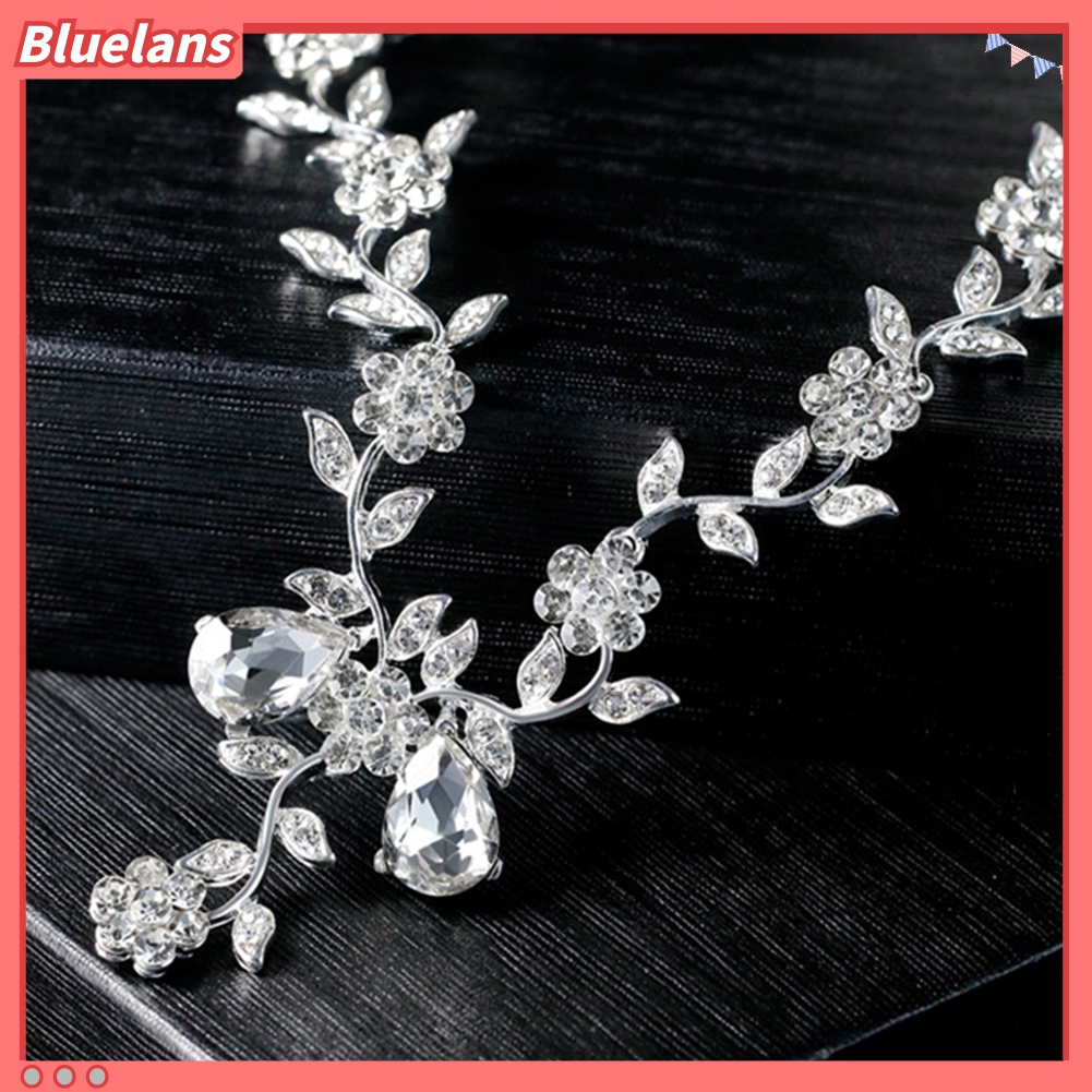 Set Perhiasan Kalung Anting Stud Bentuk Daun Bunga Aksen Berlian Imitasi Untuk Pengantin Wanita